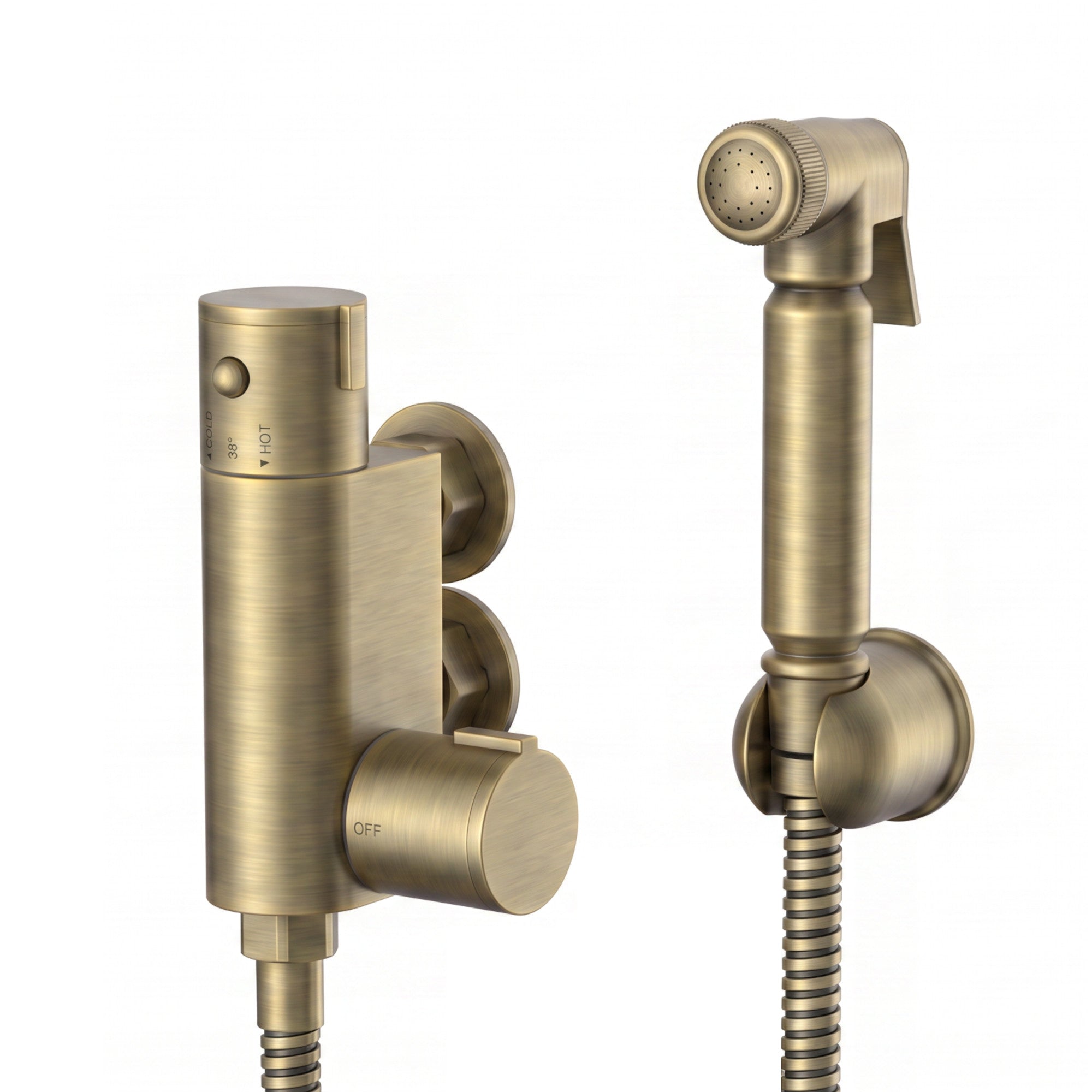 Vero round douche thermostatic bar valve with shower spray kit - antique brass
